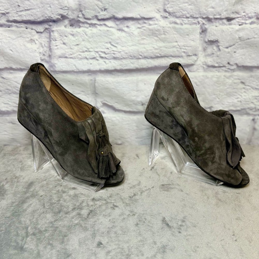 Anyi Lu Jessie Gray Suede Peep Toe Wedges